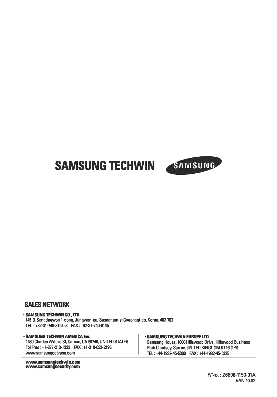 Samsung SCV-2080R manual Sales Network, SAMSUNG TECHWIN AMERICA Inc 
