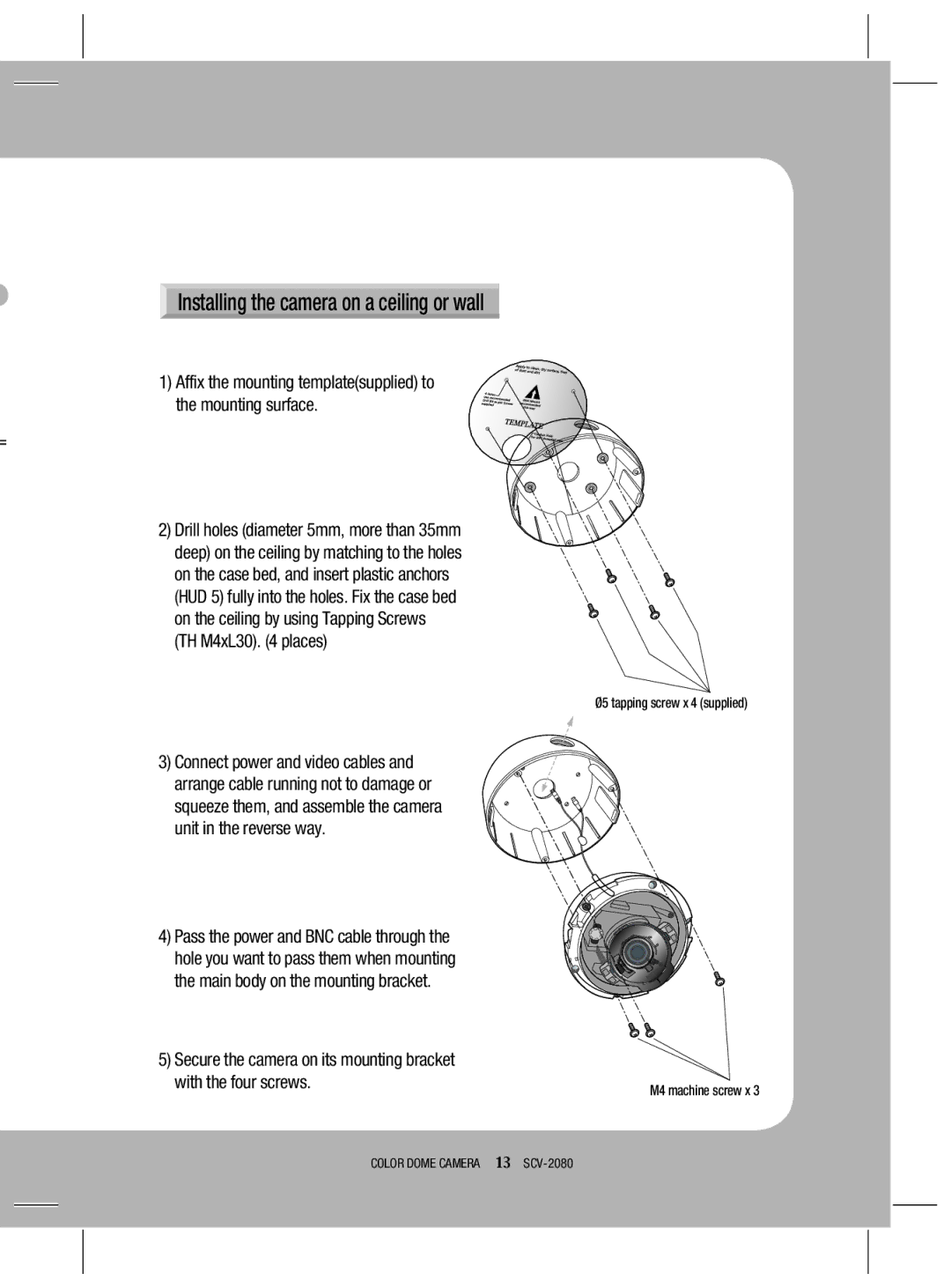 Samsung SCV-2080N, SCV-2080X, SCV-2080P user manual Installing the camera on a ceiling or wall 