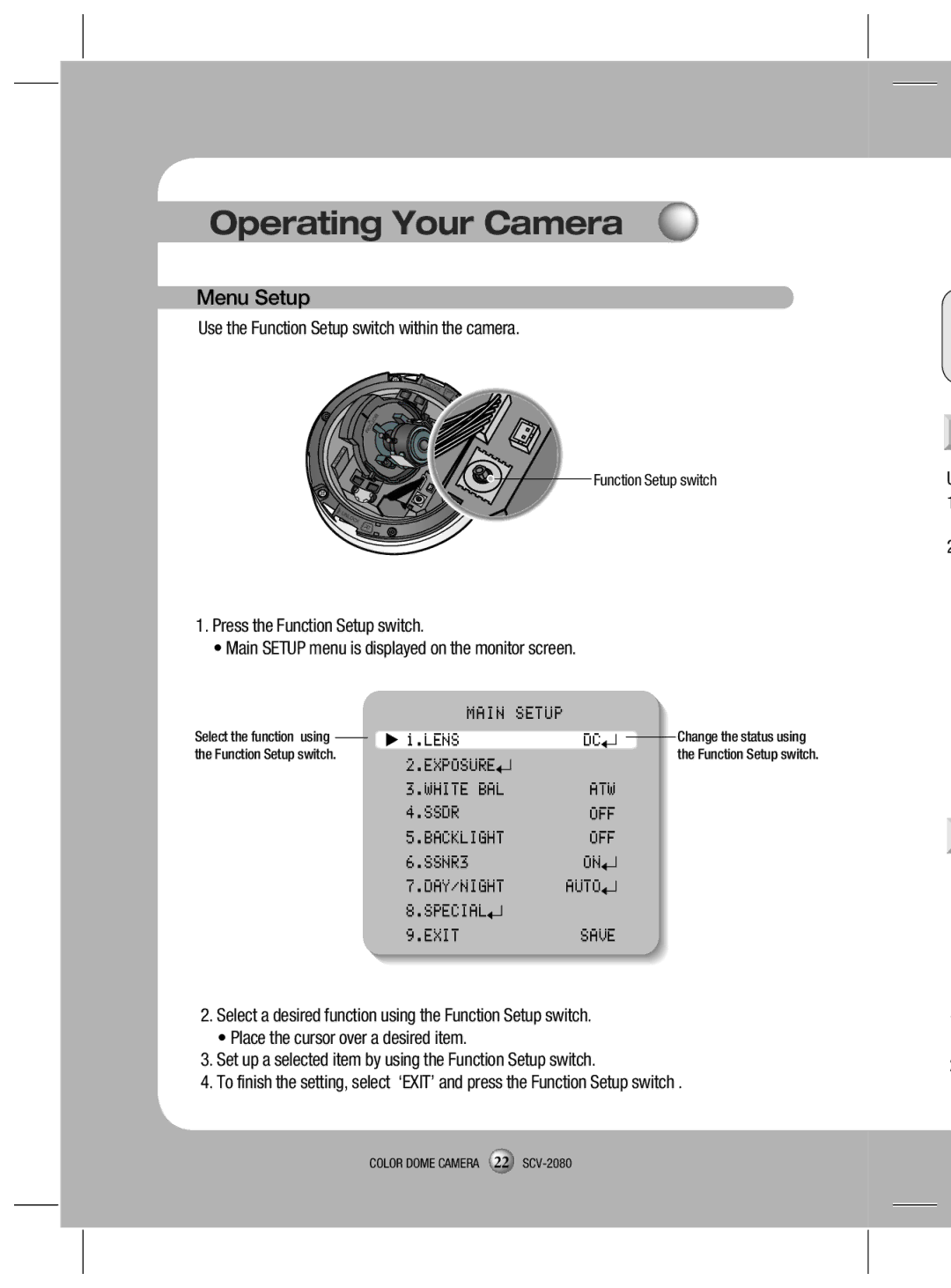 Samsung SCV-2080P, SCV-2080X, SCV-2080N user manual Main, Lens, ATW Ssdr OFF, OFF SSNR3, Auto Special Exit Save 