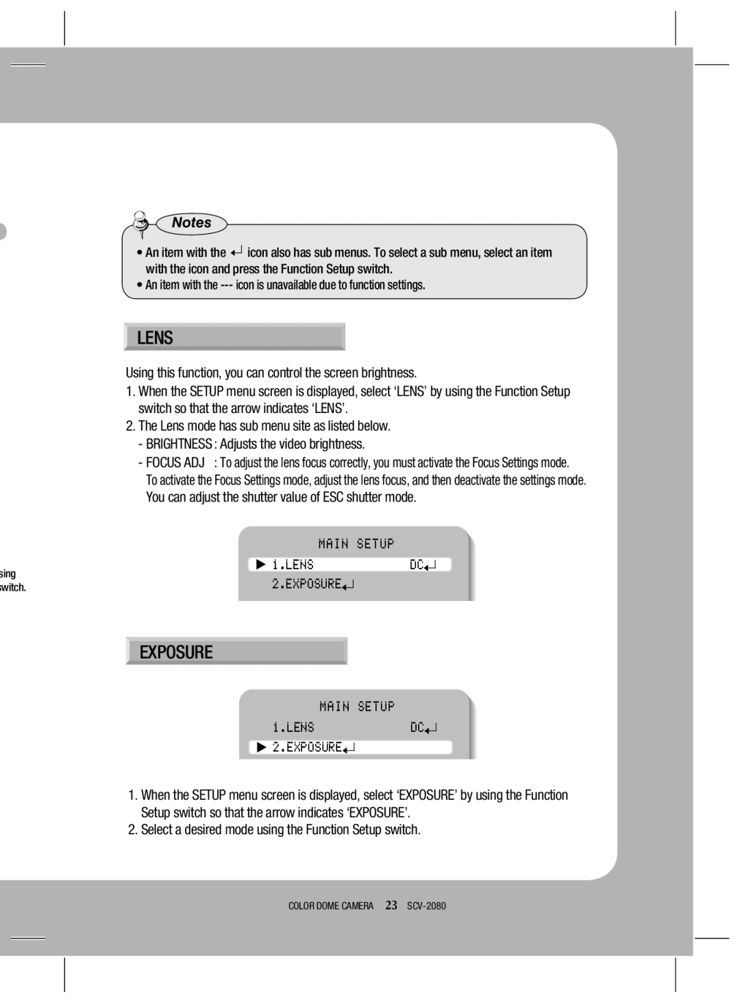 Samsung SCV-2080X, SCV-2080N, SCV-2080P user manual Main Setup Lensdc 2.EXPOSURE 