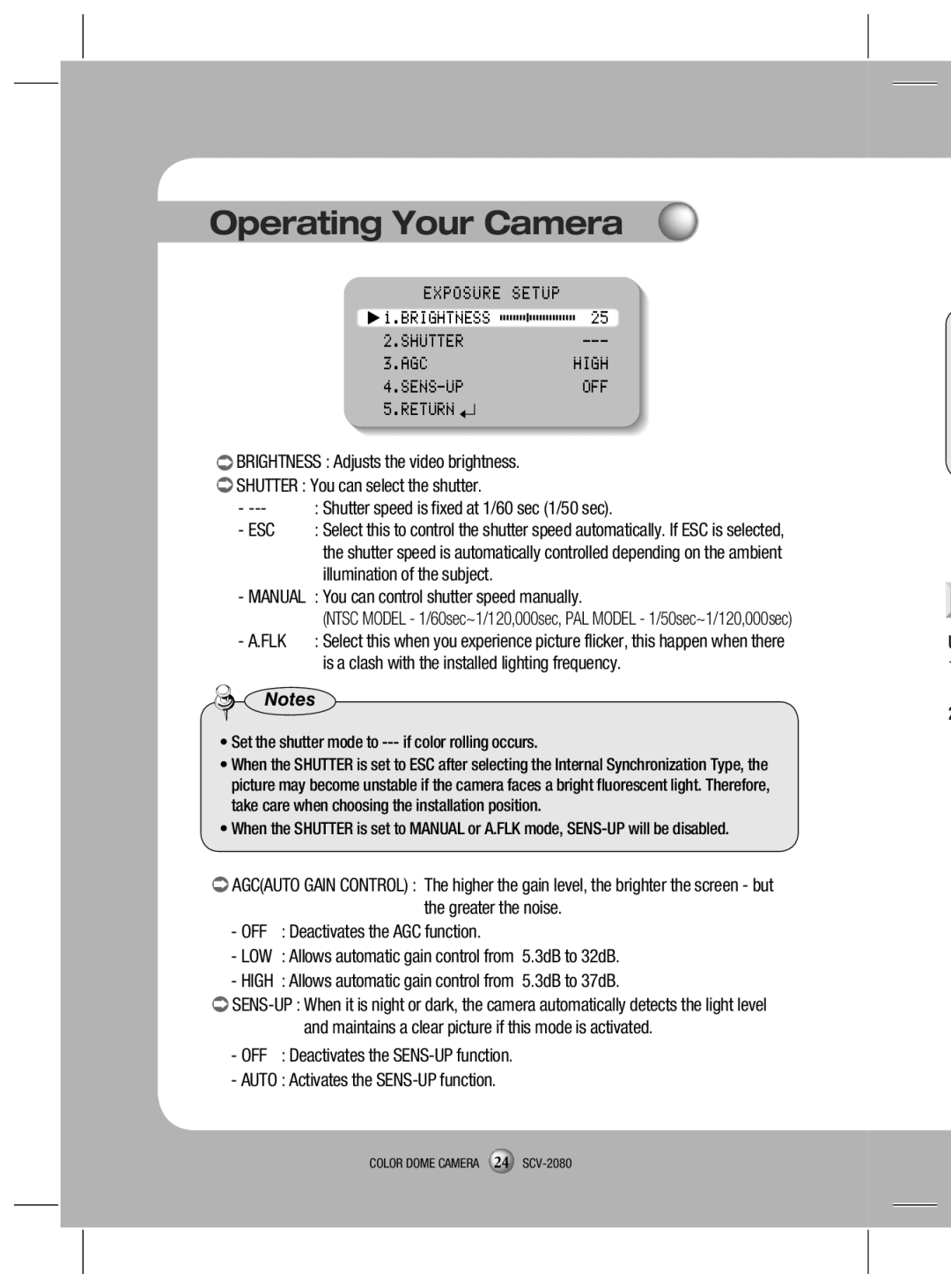 Samsung SCV-2080X, SCV-2080N, SCV-2080P user manual Brightness Shutter AGC, Sens-Up, Return 