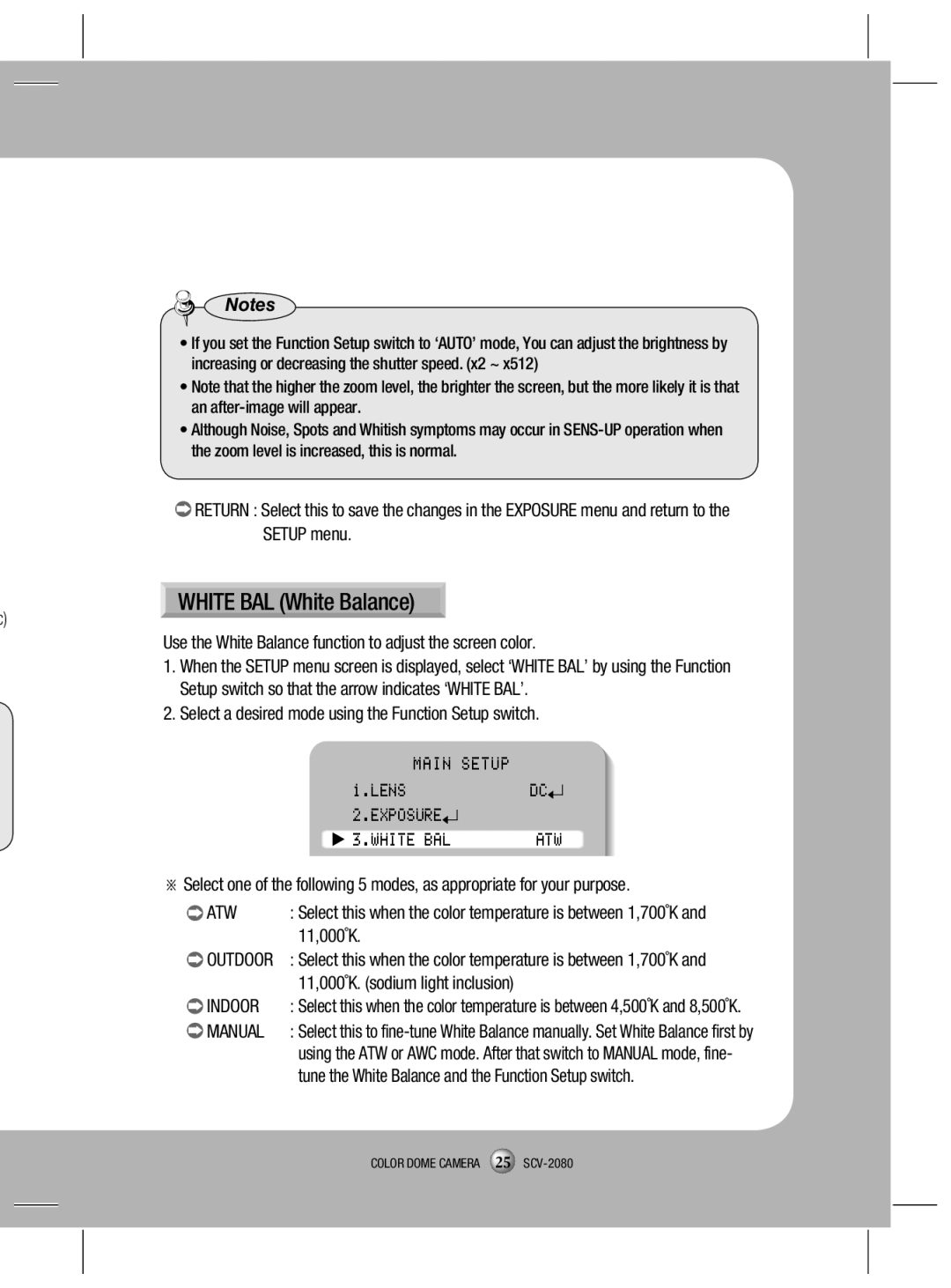 Samsung SCV-2080N, SCV-2080X, SCV-2080P user manual Main Setup Lens,  Outdoor 