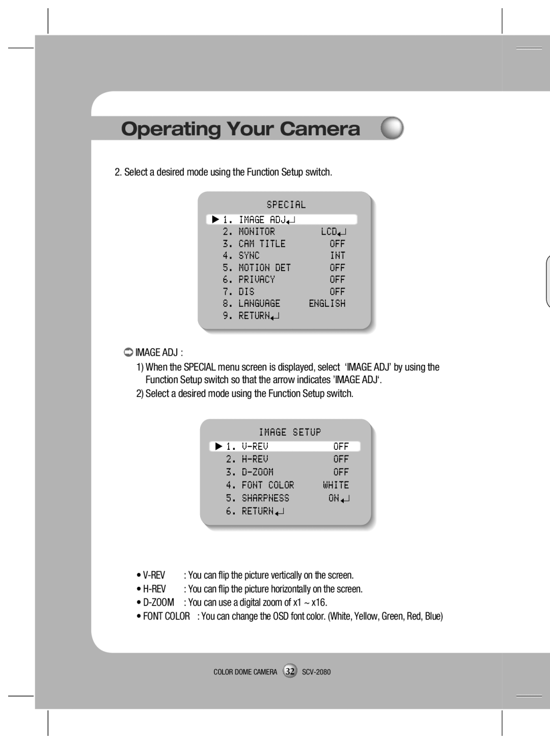 Samsung SCV-2080X Image ADJ Monitor LCD CAM Title OFF Sync INT, Privacy OFF DIS Language, REV OFF Zoom Font Color 