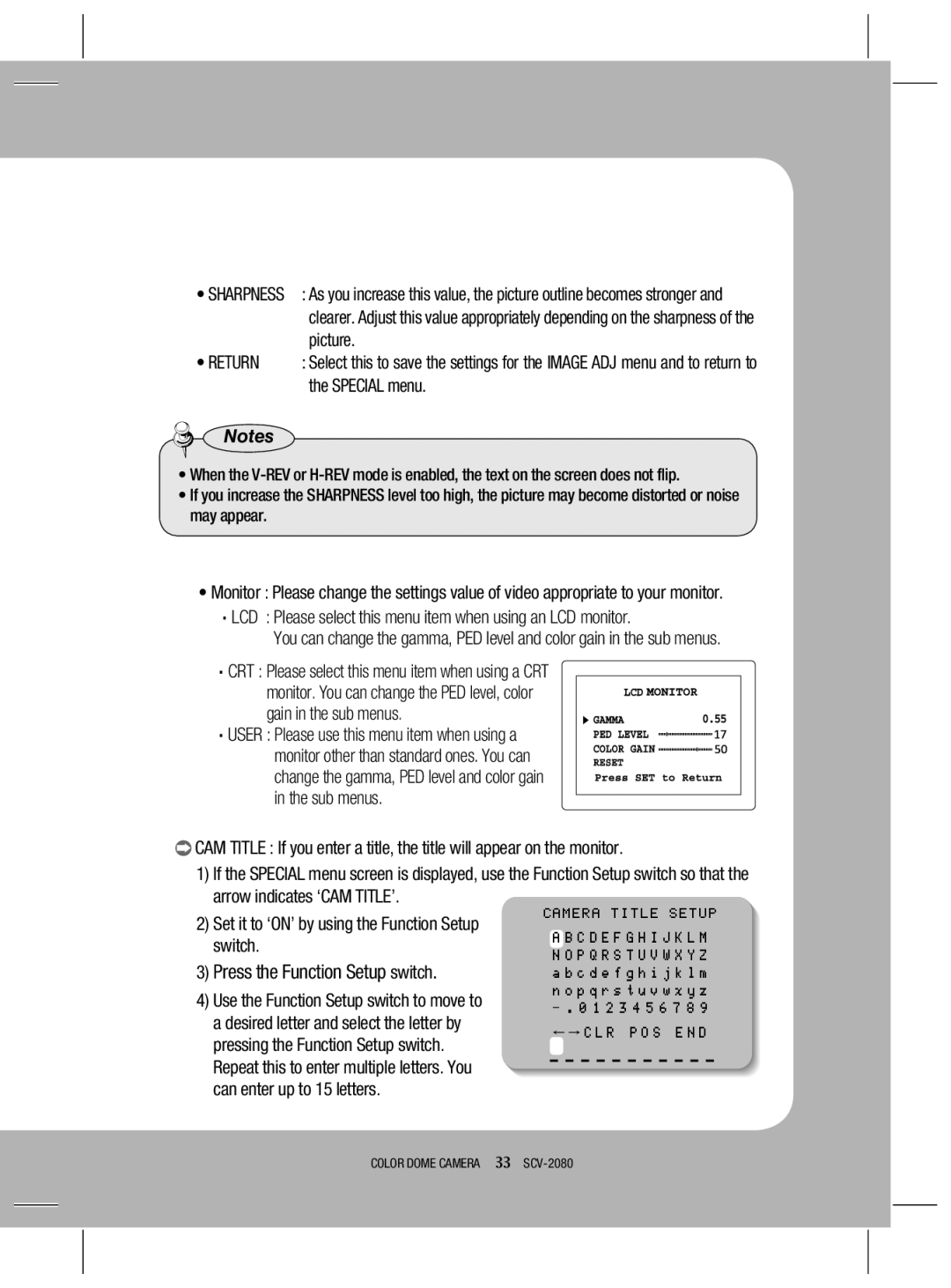 Samsung SCV-2080N, SCV-2080X, SCV-2080P user manual Press the Function Setup switch, Return 