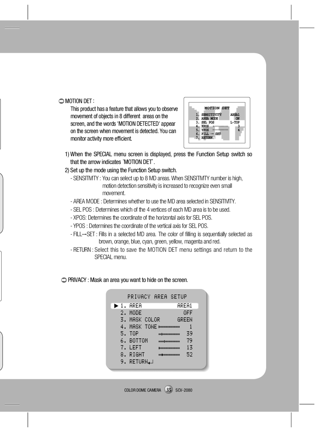 Samsung SCV-2080X, SCV-2080N Privacy Area Setup, Mode OFF, Mask Tone TOP Bottom Left Right Return, AREA1, Mask Color 