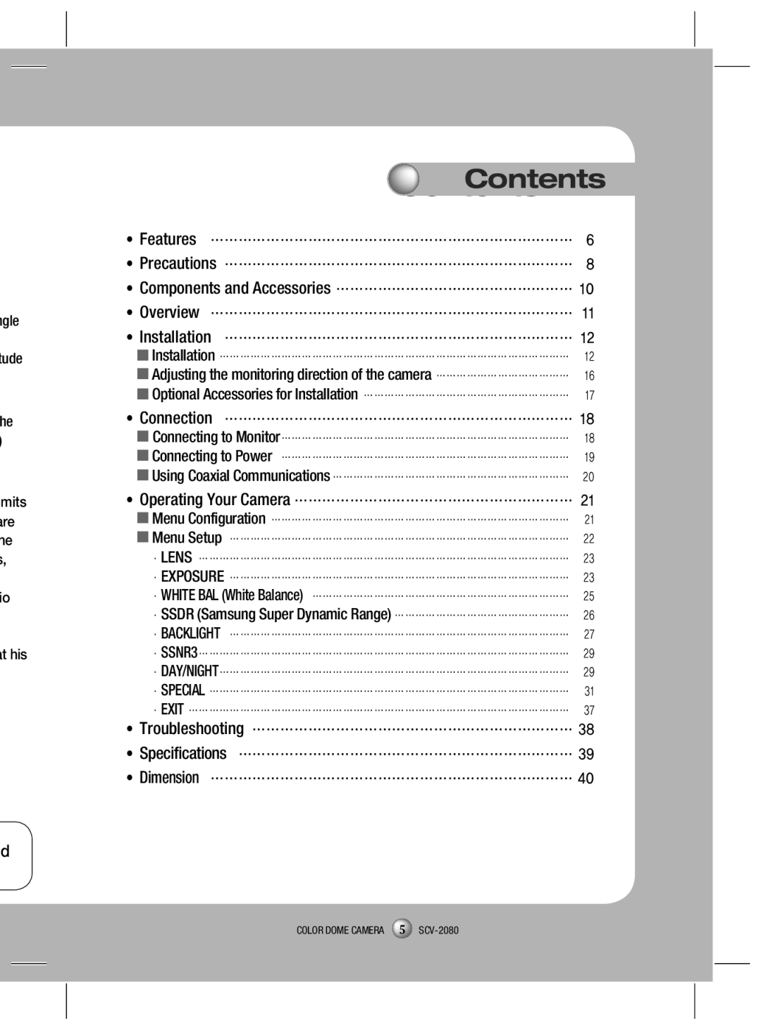 Samsung SCV-2080N, SCV-2080X, SCV-2080P user manual Contents 