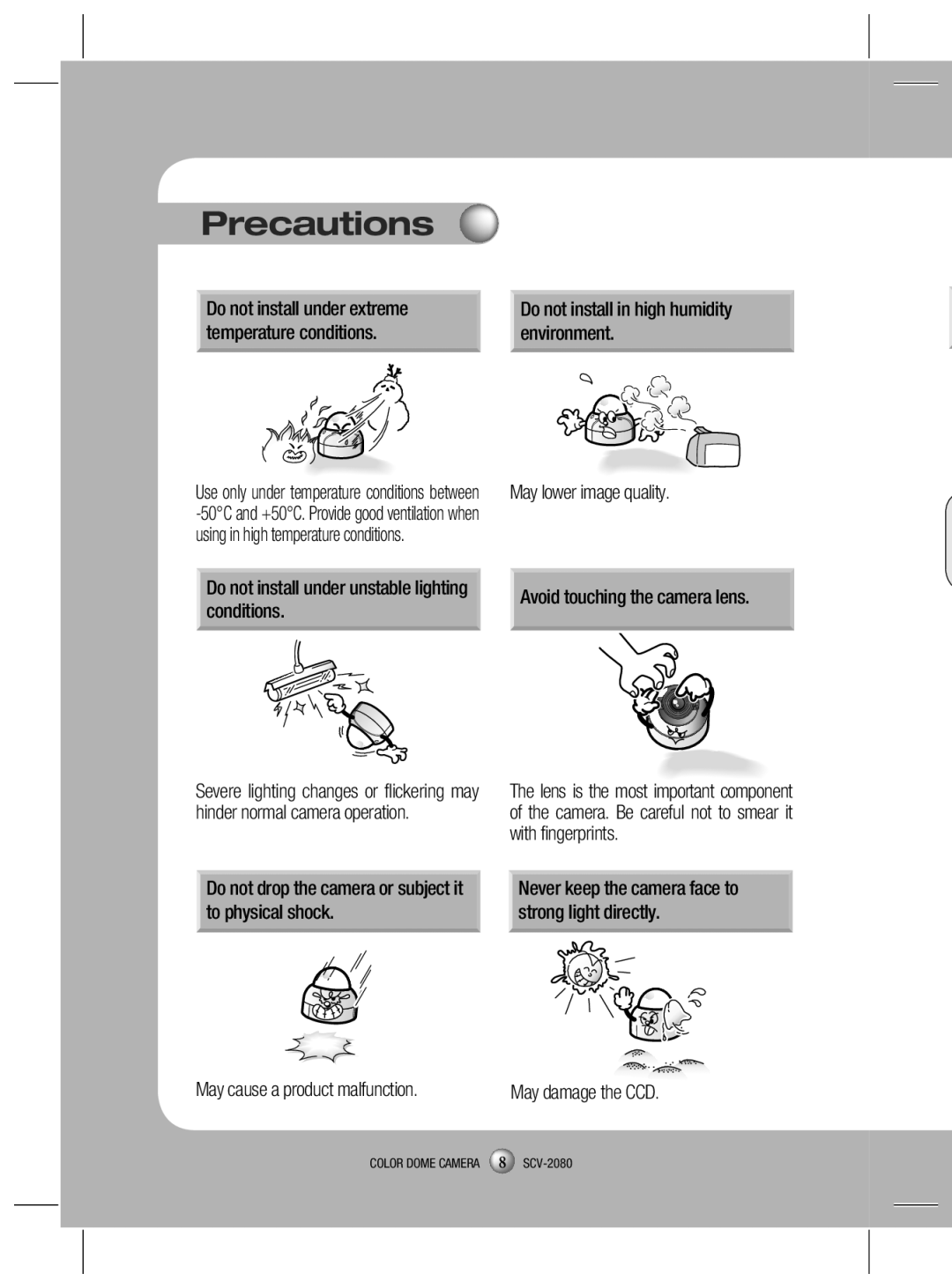 Samsung SCV-2080X, SCV-2080N, SCV-2080P Precautions, Do not install under extreme, Temperature conditions Environment 