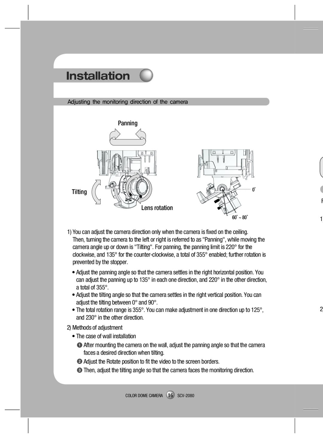 Samsung SCV-2080X, SCV-2080N, SCV-2080P user manual Installation, Panning, Tilting, Lens rotation 