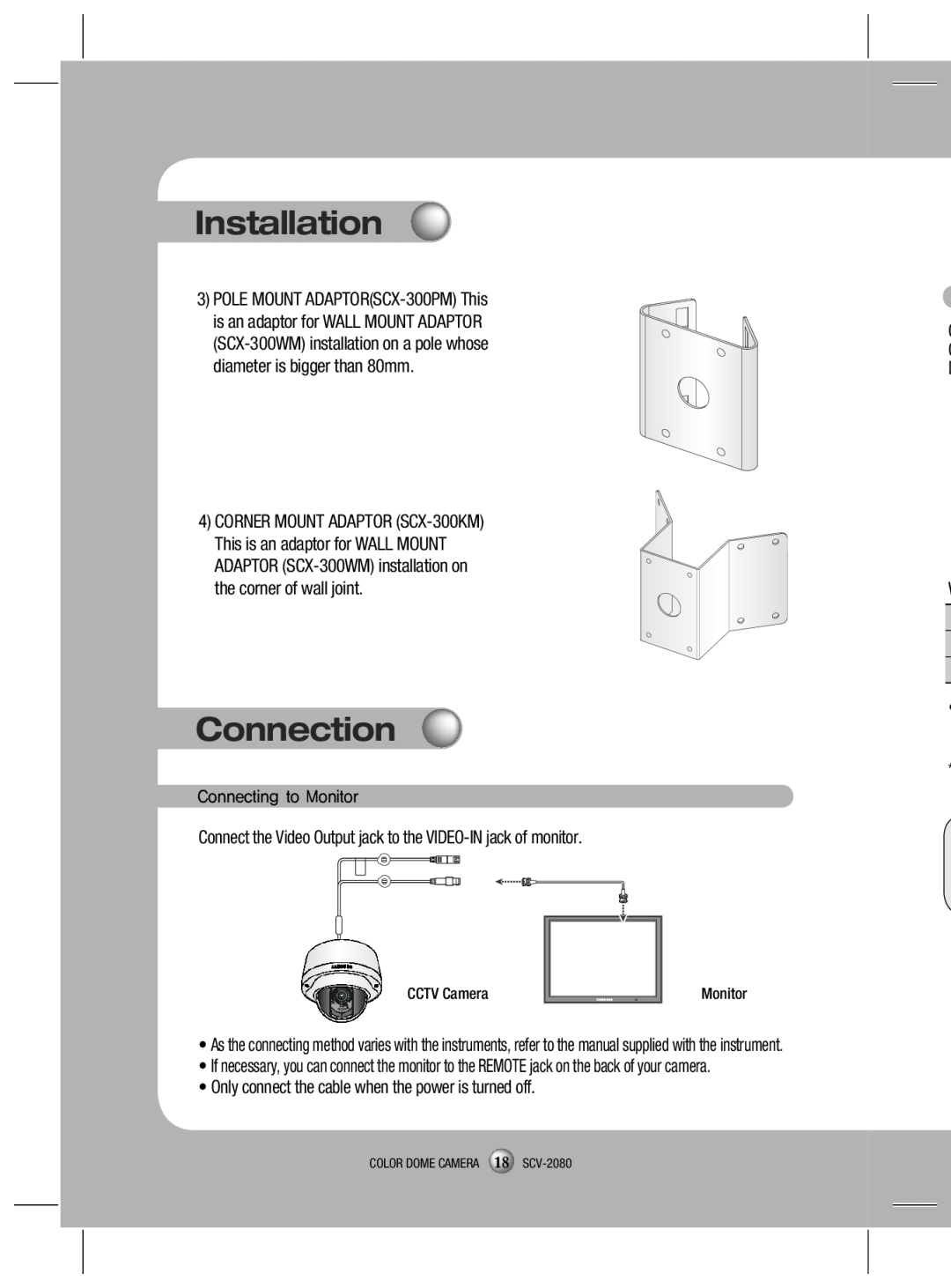 Samsung SCV-2080P, SCV-2080X, SCV-2080N user manual Connection, Installation 
