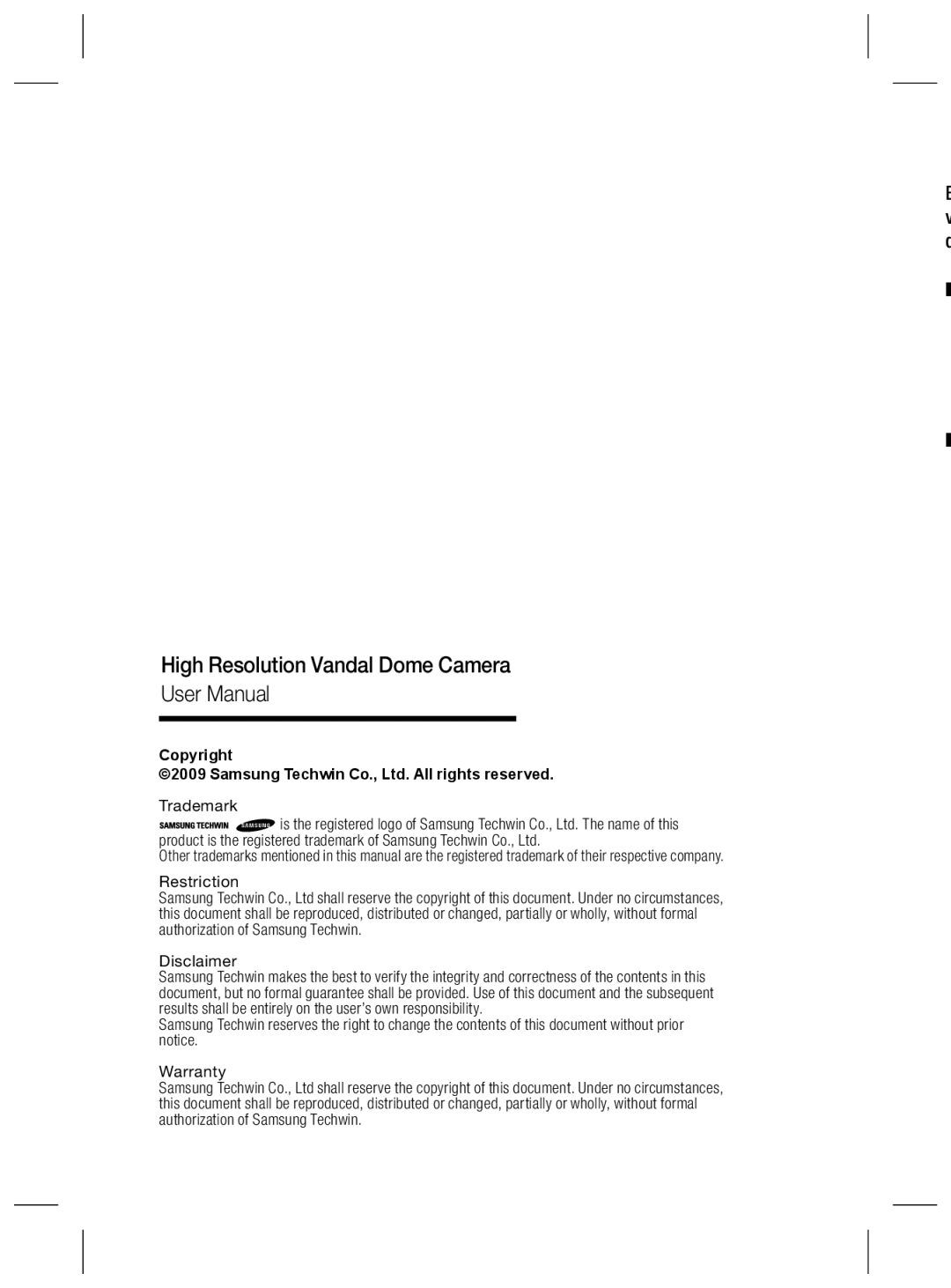 Samsung SCV-2080P, SCV-2080X, SCV-2080N user manual High Resolution Vandal Dome Camera User Manual, Copyright 
