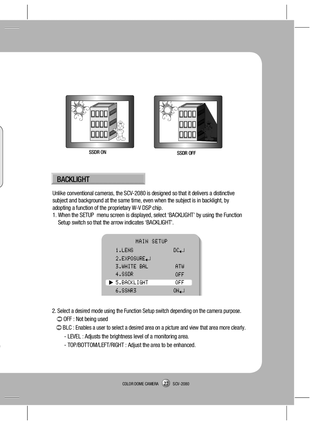 Samsung SCV-2080X, SCV-2080N, SCV-2080P user manual Backlight 