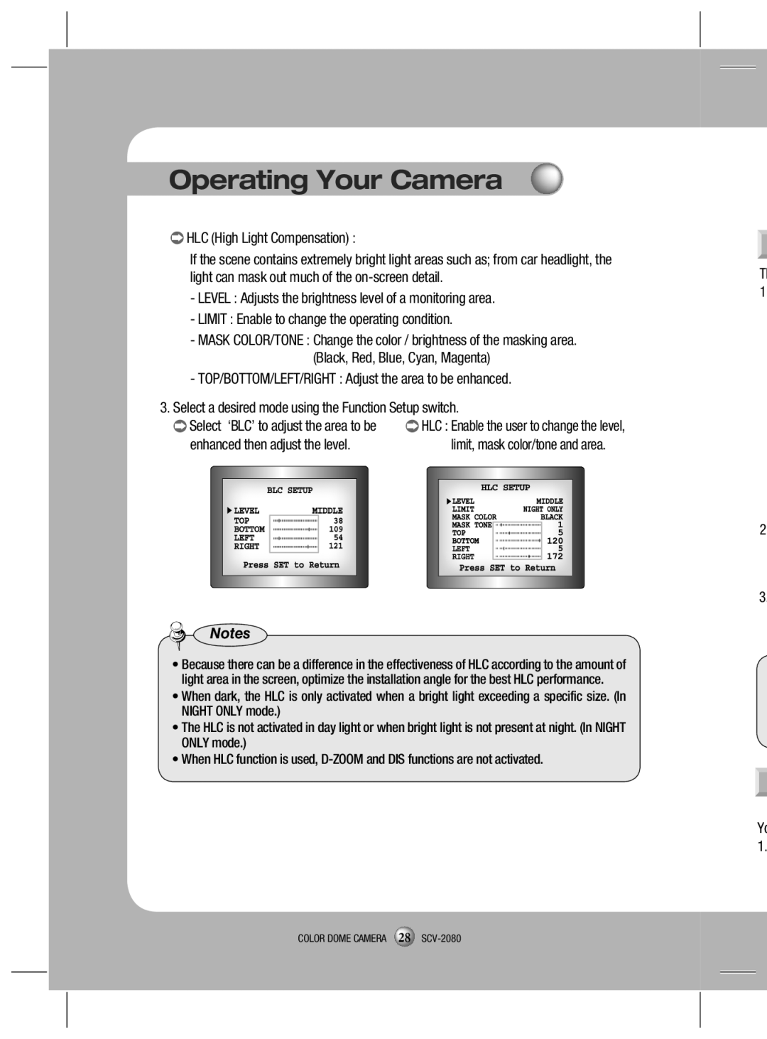 Samsung SCV-2080X, SCV-2080N, SCV-2080P user manual Operating Your Camera, HLC High Light Compensation, Notes 