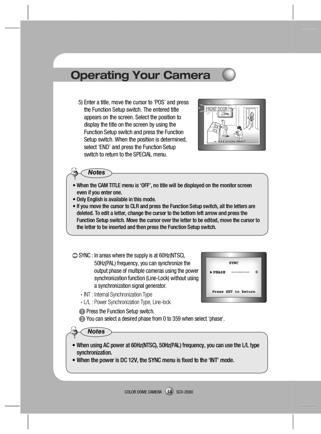 Samsung SCV-2080P, SCV-2080X, SCV-2080N user manual Operating Your Camera, Notes 