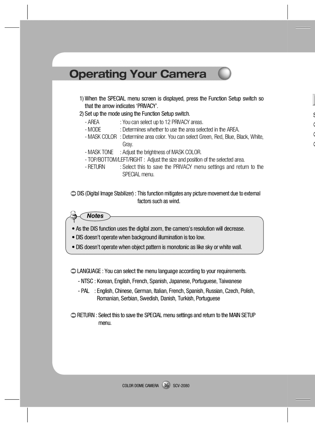 Samsung SCV-2080X, SCV-2080N, SCV-2080P user manual Operating Your Camera, that the arrow indicates ‘PRIVACY’, Notes 