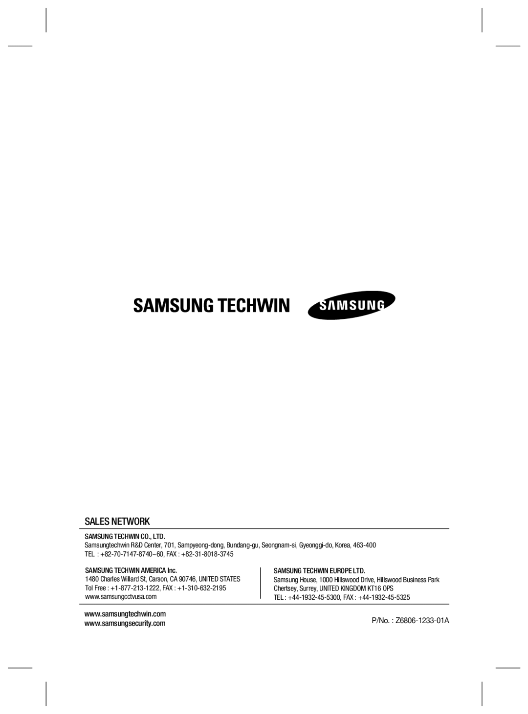 Samsung SCV-2080X, SCV-2080N, SCV-2080P user manual Sales Network 