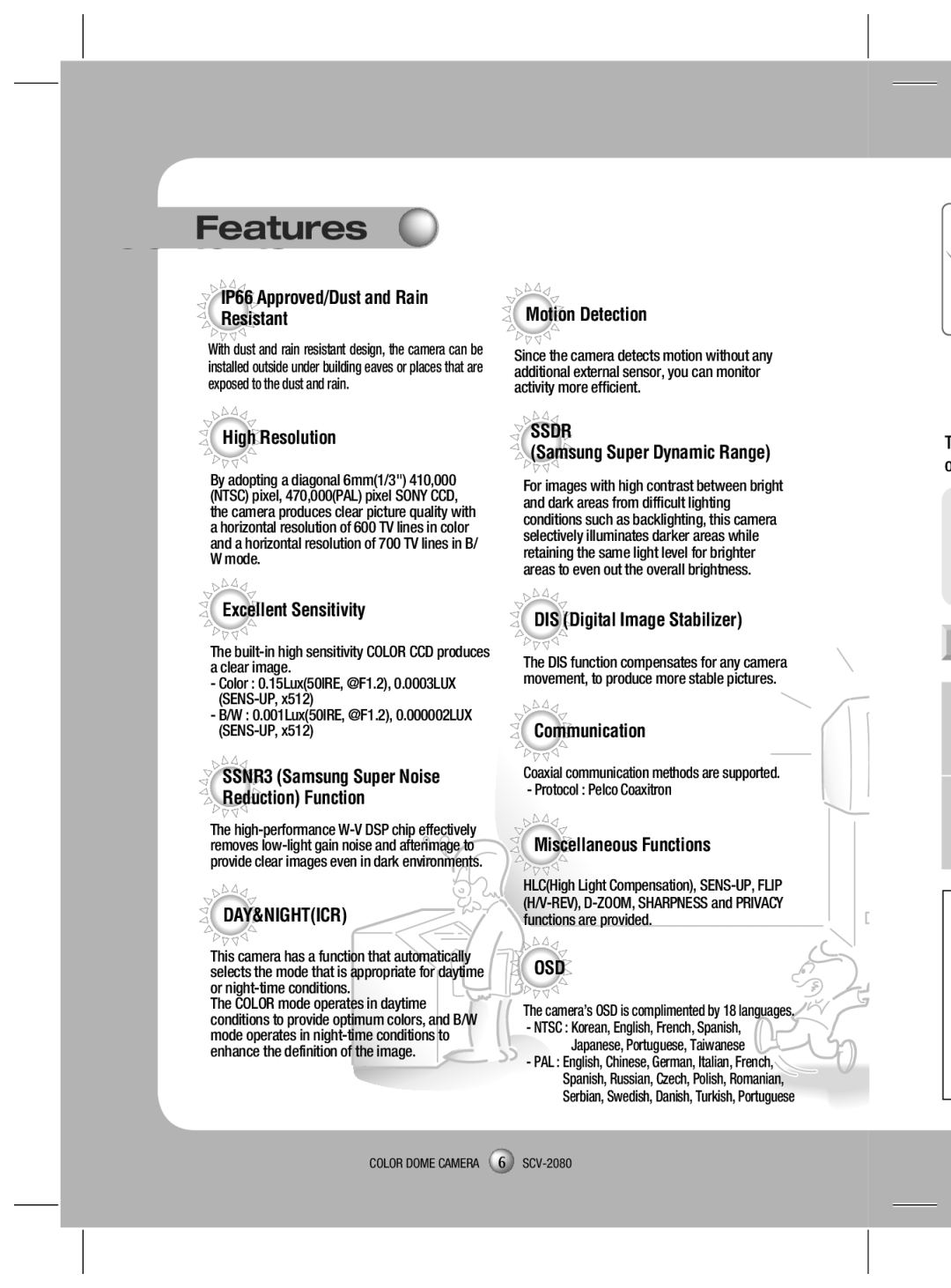 Samsung SCV-2080P, SCV-2080X, SCV-2080N user manual Features Contents 