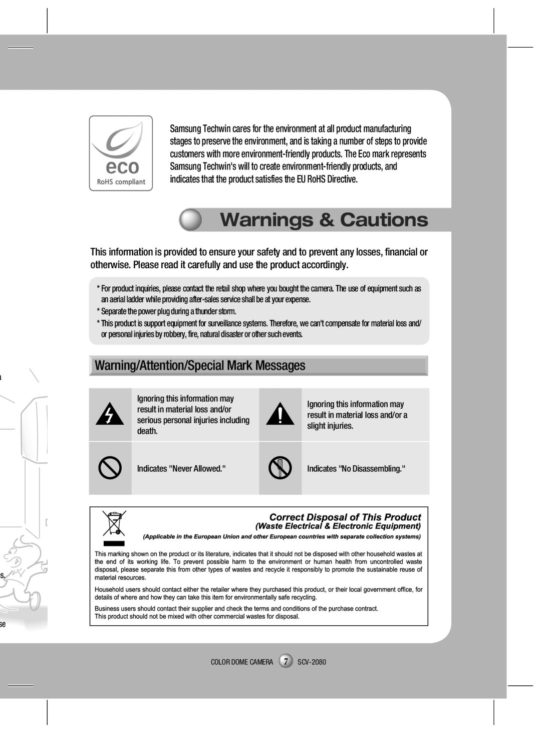 Samsung SCV-2080X Warnings & Cautions, Warning/Attention/Special Mark Messages, Indicates Never Allowed, s se 