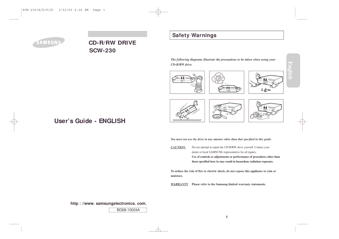 Samsung SCW-230 warranty CD-R/RW Drive, Safety Warnings 