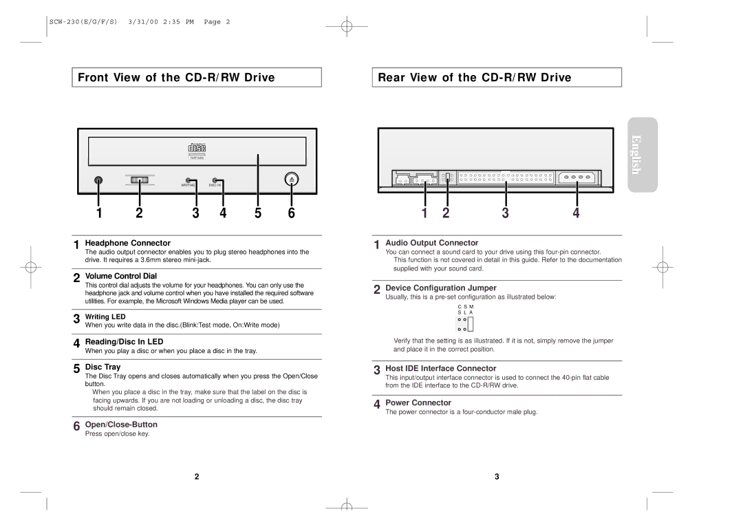 Samsung SCW-230 warranty Front View of the CD-R/RW Drive, Rear View of the CD-R/RW Drive 