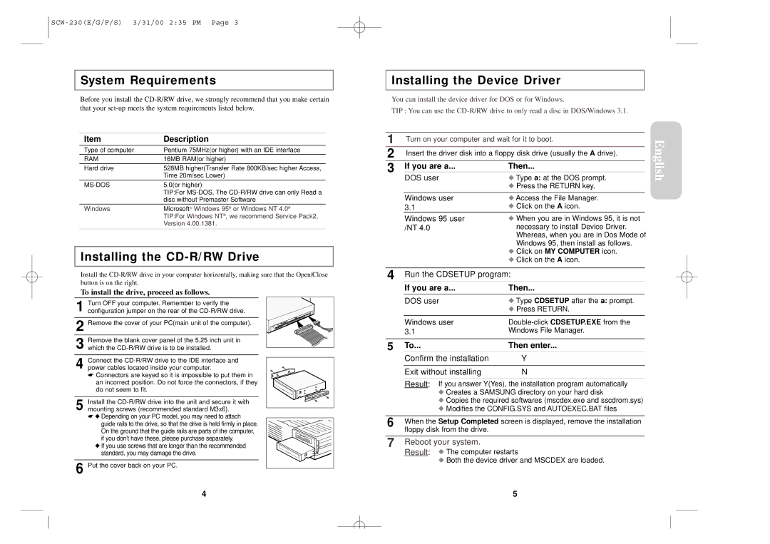 Samsung SCW-230 warranty System Requirements, Installing the CD-R/RW Drive, Installing the Device Driver 