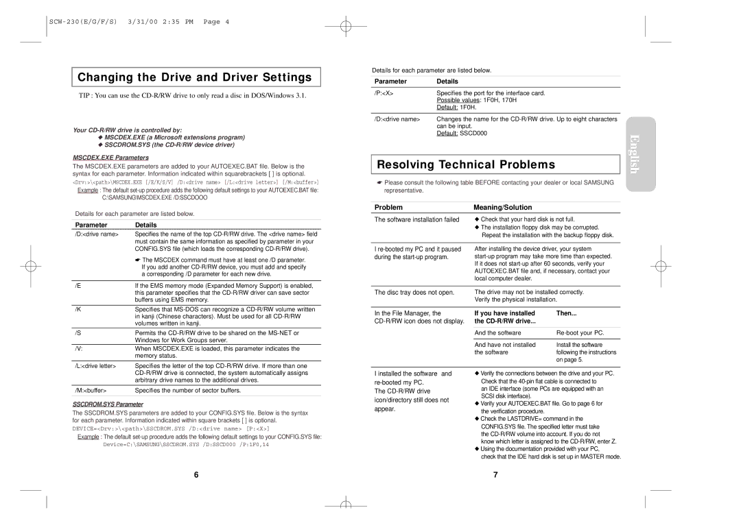 Samsung SCW-230 warranty Changing the Drive and Driver Settings, Resolving Technical Problems 