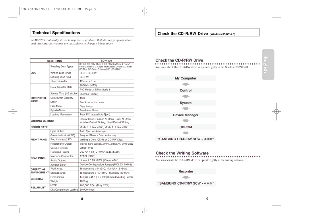 Samsung SCW-230 warranty My Computer Control System Device Manager, Recorder Samsung CD-R/RW SCW 