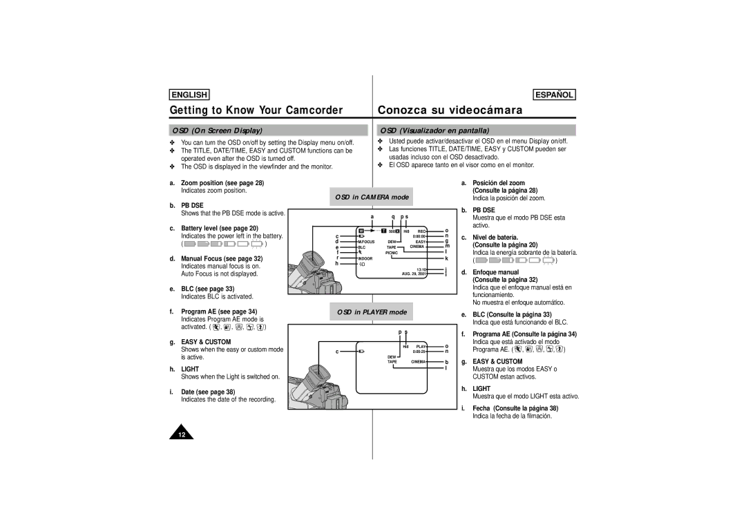 Samsung SCW61, SCW62 manual OSD On Screen Display OSD Visualizador en pantalla, Pb Dse, Easy & Custom, Light 