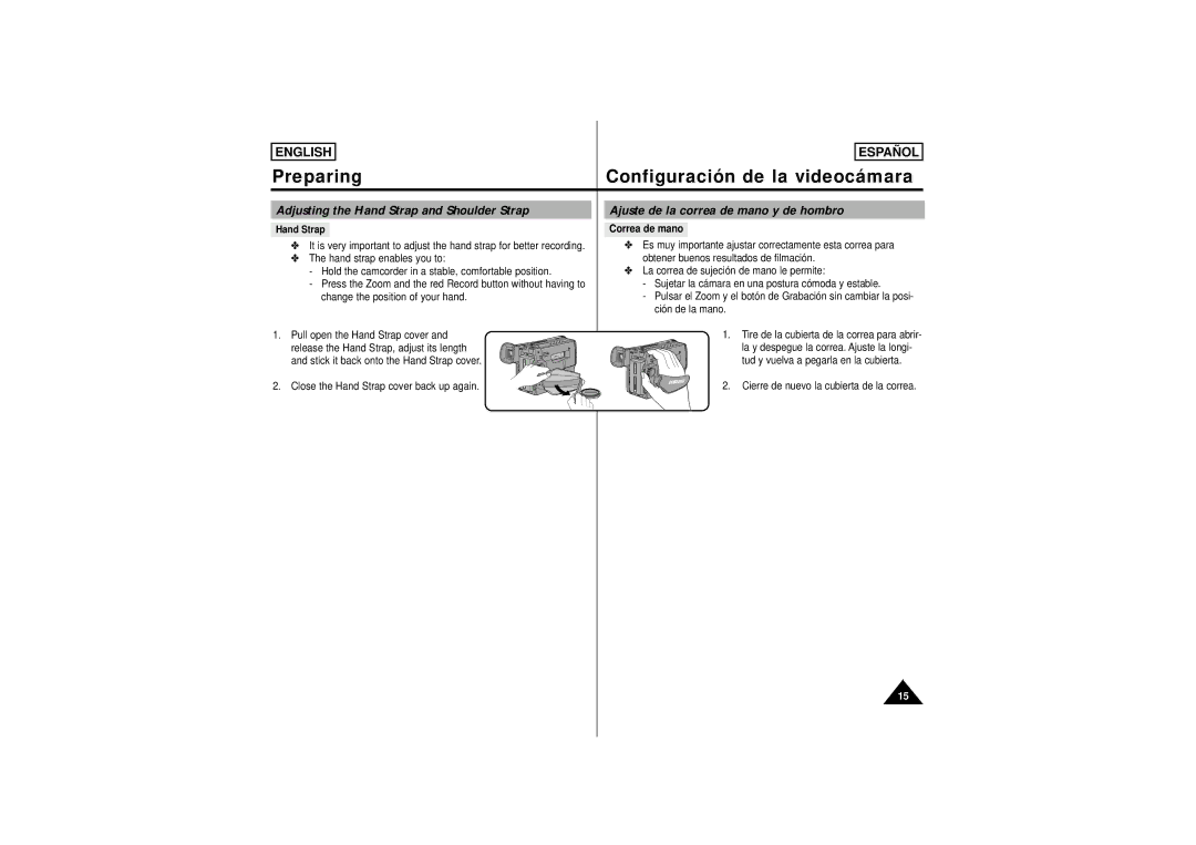 Samsung SCW62, SCW61 manual Preparing Configuración de la videocámara, Hand Strap Correa de mano 