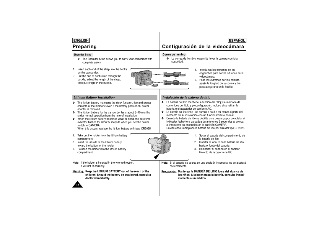 Samsung SCW61, SCW62 manual Shoulder Strap Correa de hombro, Children. Should the battery be swallowed, consult a 