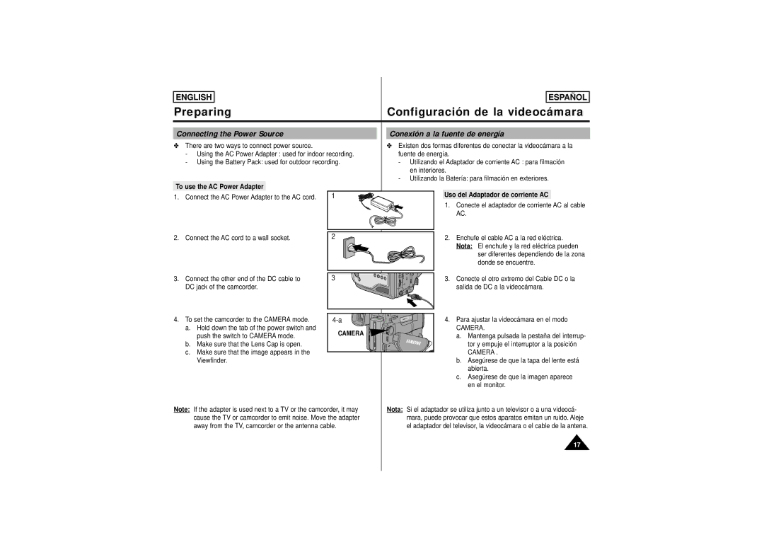 Samsung SCW62, SCW61 manual Connecting the Power Source Conexión a la fuente de energía, To use the AC Power Adapter 