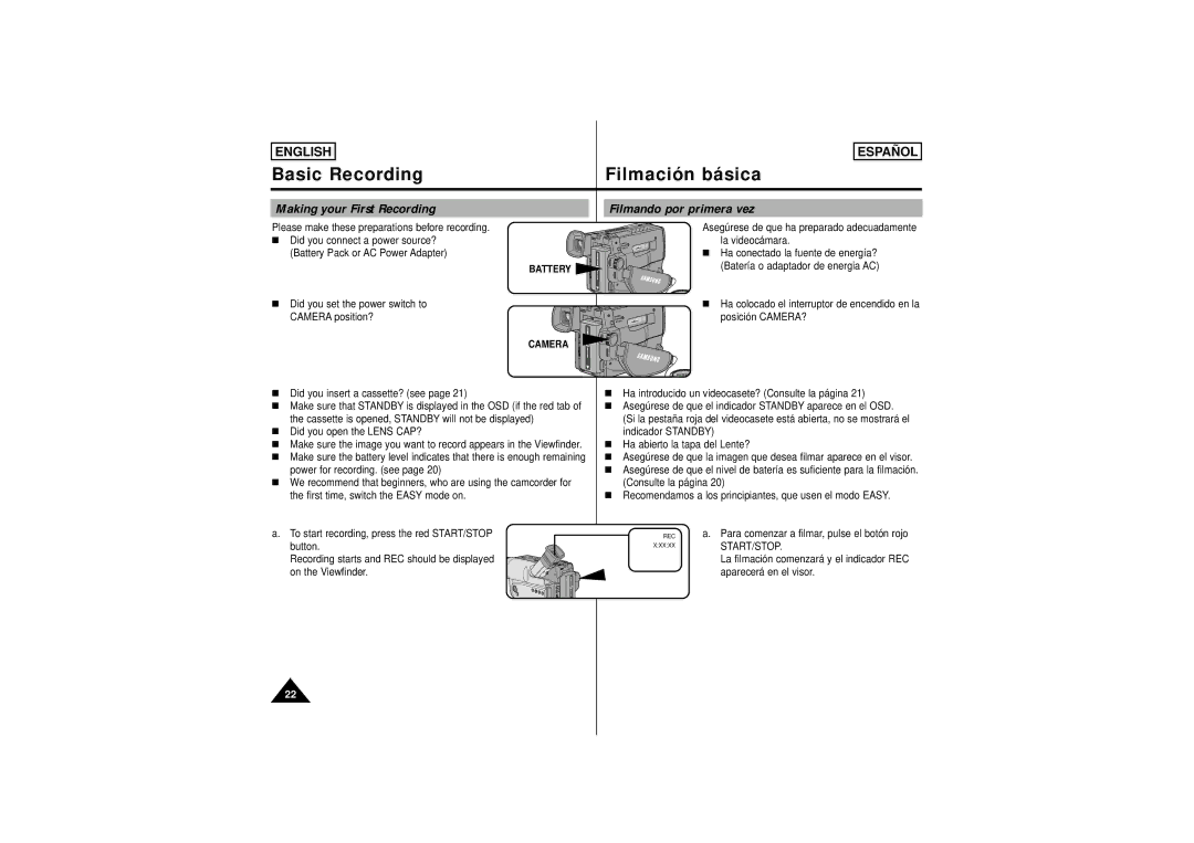 Samsung SCW61 Basic Recording Filmación básica, Making your First Recording Filmando por primera vez, Battery, Start/Stop 