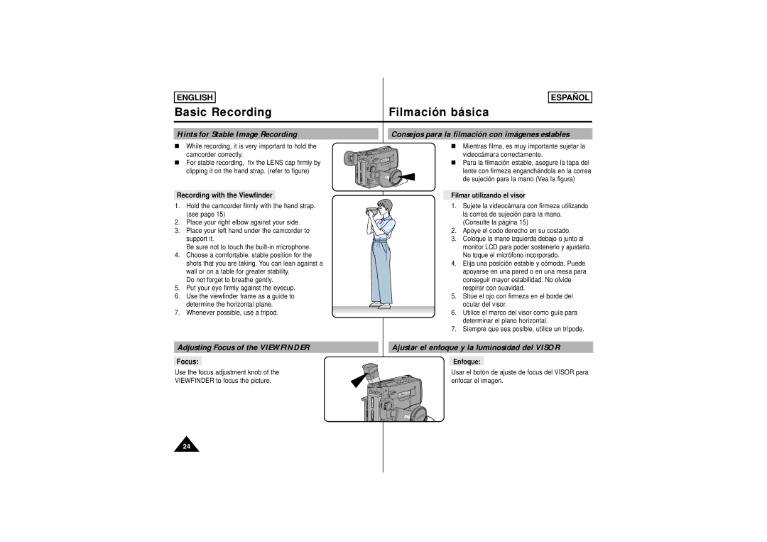 Samsung SCW61, SCW62 manual Recording with the Viewfinder, Focus, Filmar utilizando el visor, Enfoque 