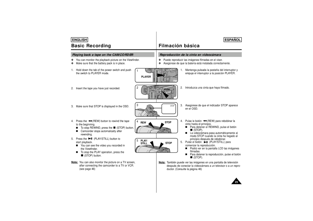 Samsung SCW62, SCW61 manual Reproducción de la cinta en videocámara, Player, REW Stop, Still 