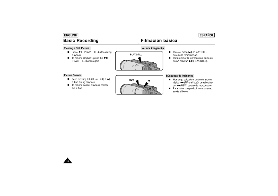 Samsung SCW61, SCW62 Viewing a Still Picture Ver una imagen fija, Picture Search, Play/Still, Búsqueda de imágenes, Rew 