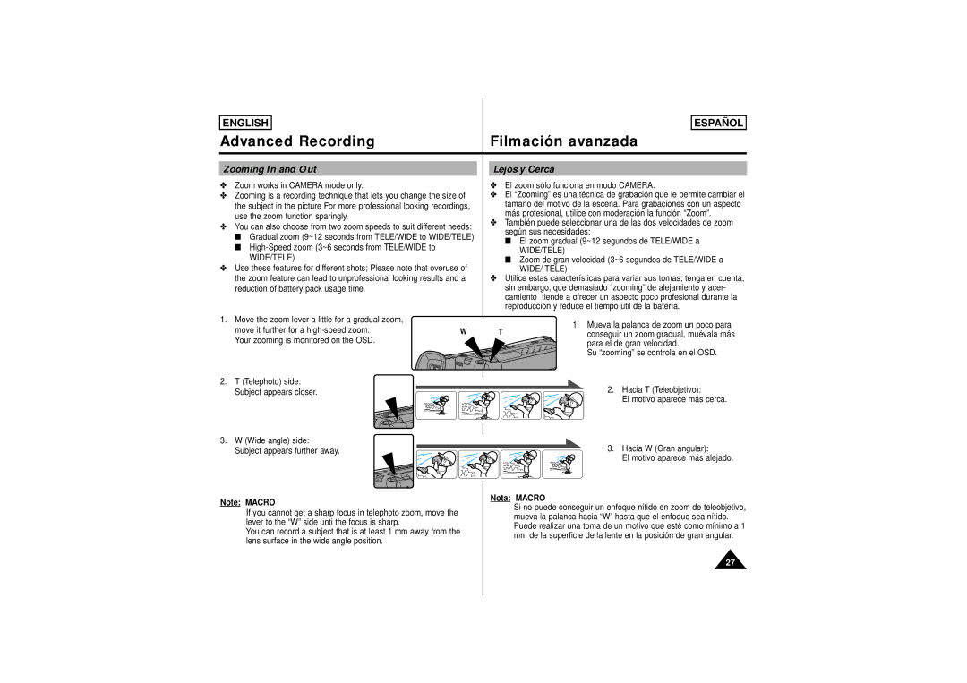 Samsung SCW62, SCW61 manual Advanced Recording Filmación avanzada, Zooming In and Out Lejos y Cerca, Nota, Macro 