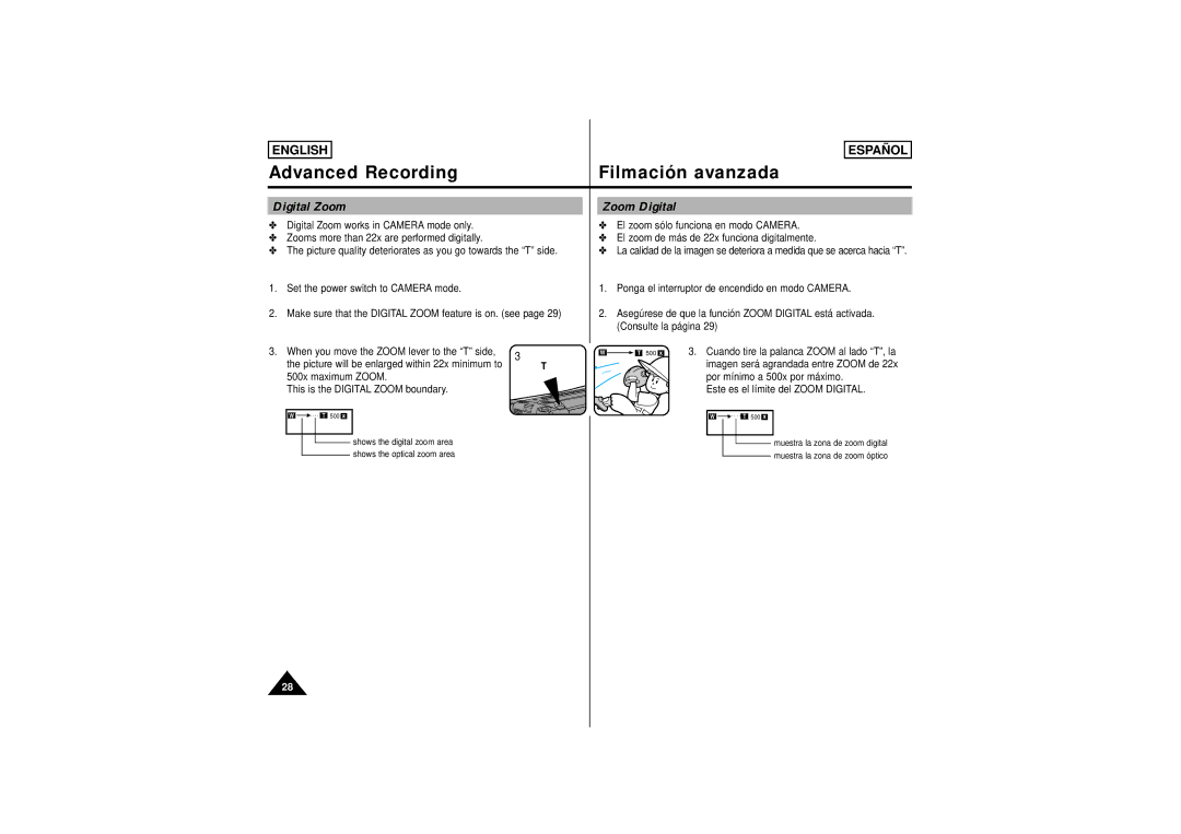 Samsung SCW61, SCW62 manual Advanced Recording, Digital Zoom, Zoom Digital 