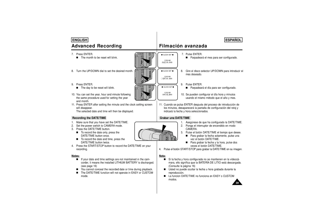 Samsung SCW62, SCW61 manual Recording the DATE/TIME, Grabar una DATE/TIME 