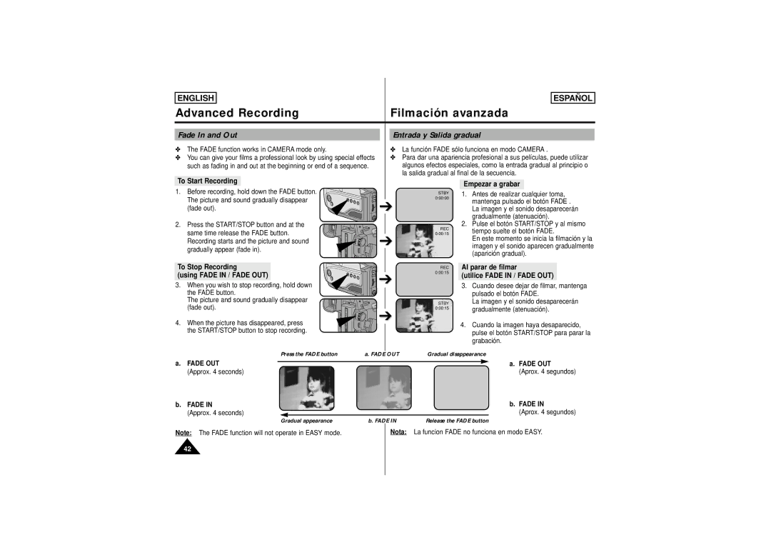 Samsung SCW61, SCW62 manual Fade In and Out Entrada y Salida gradual 