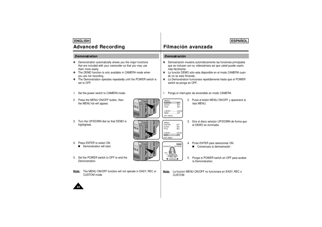 Samsung SCW61, SCW62 manual Demonstration, Custom 