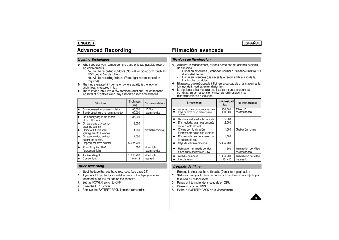 Samsung SCW62, SCW61 manual Lighting Techniques Técnicas de iluminación, After Recording Después de filmar, Situaciones 