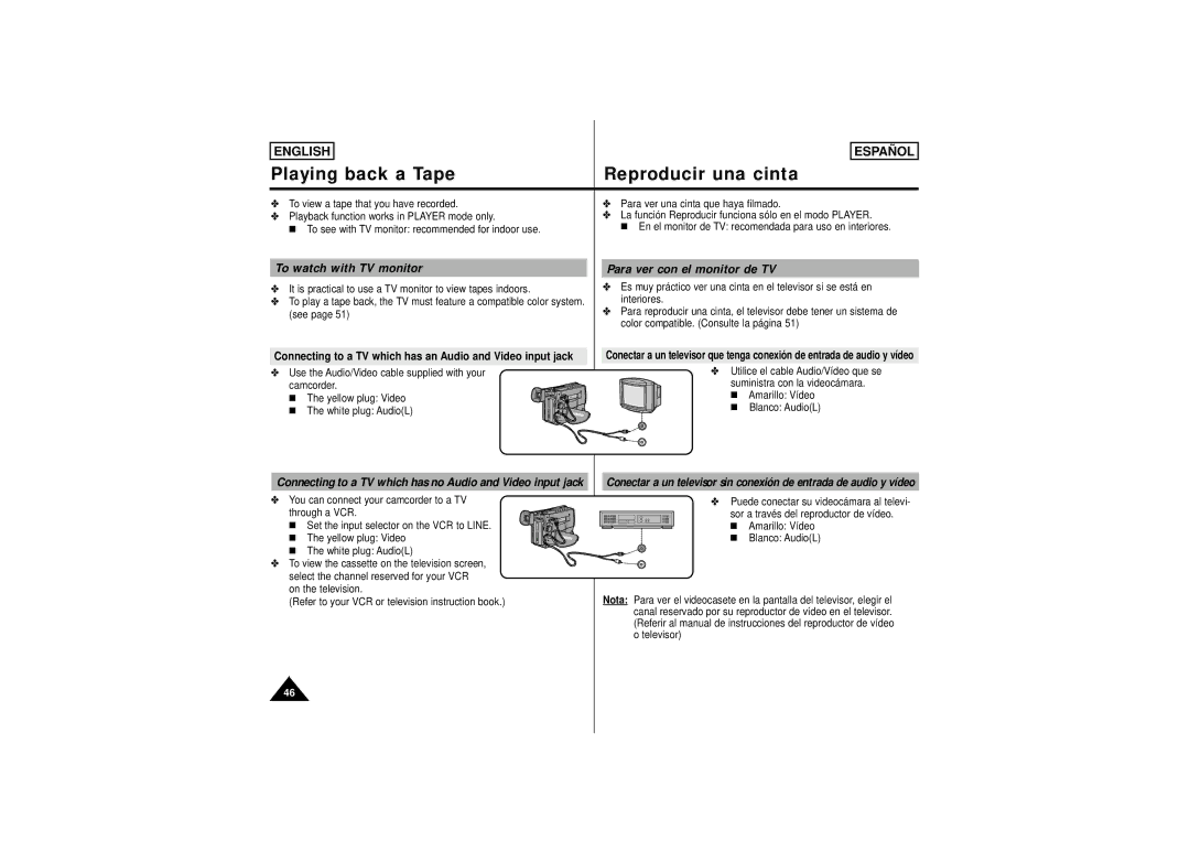 Samsung SCW61, SCW62 manual Playing back a Tape Reproducir una cinta, To watch with TV monitor Para ver con el monitor de TV 