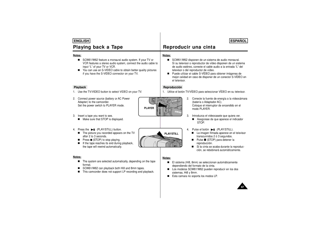 Samsung SCW62, SCW61 manual Playback Reproducción, Notas 