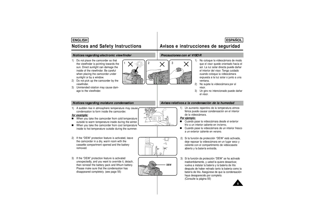 Samsung SCW62, SCW61 manual Precauciones con el Visor, Avisos relativos a la condensación de la humedad 