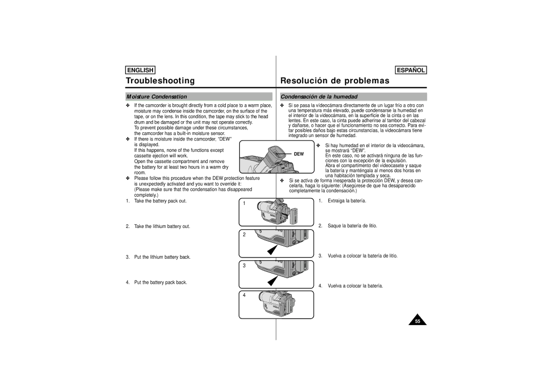 Samsung SCW62, SCW61 manual Moisture Condensation Condensación de la humedad, Dew 