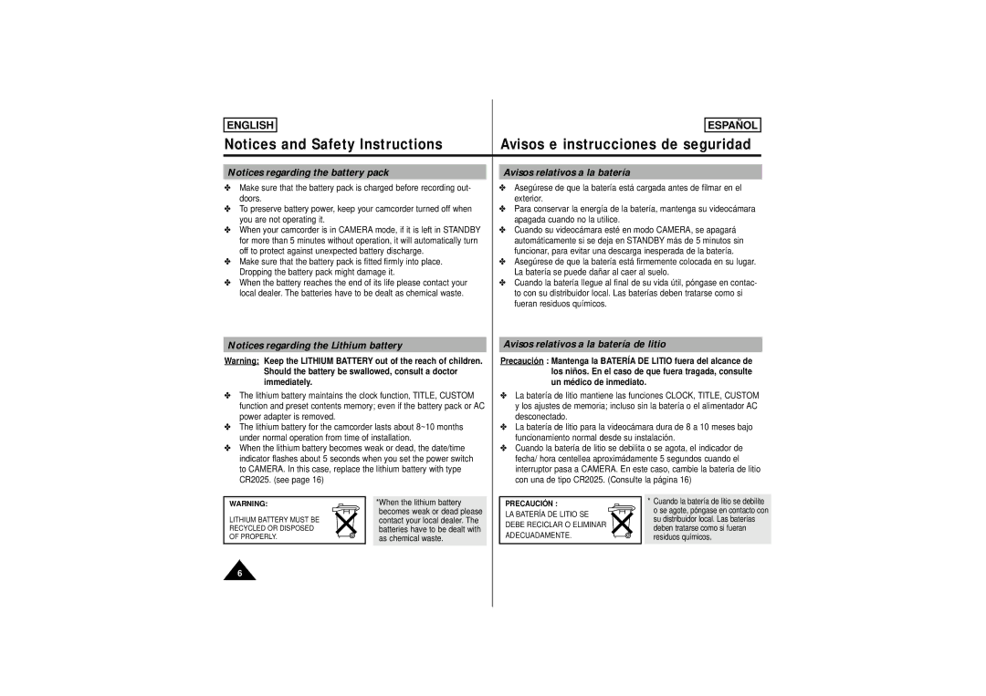 Samsung SCW61, SCW62 manual Avisos relativos a la batería de litio 