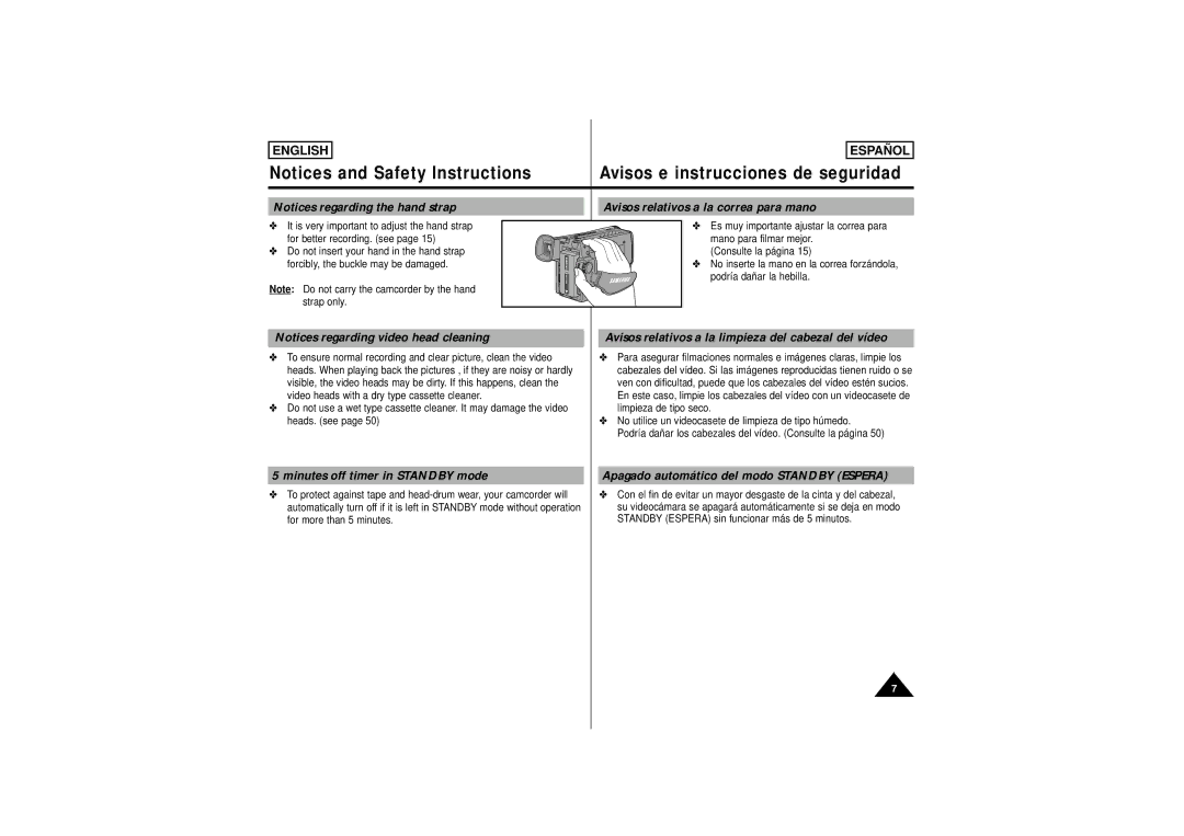 Samsung SCW62, SCW61 manual Avisos relativos a la correa para mano, Minutes off timer in Standby mode 