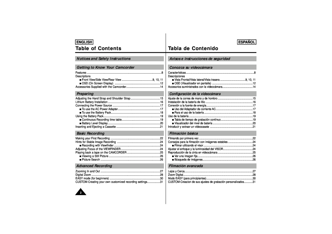 Samsung SCW61 Table of Contents, Tabla de Contenido, Notices and Safety Instructions, Avisos e instrucciones de seguridad 
