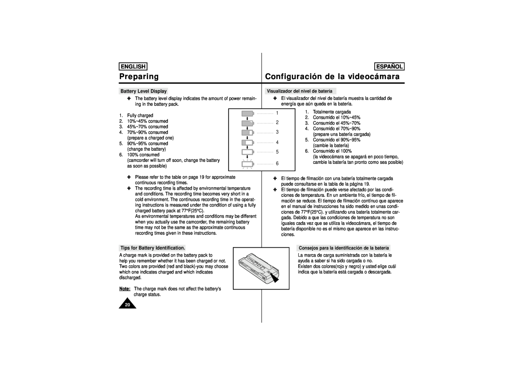 Samsung SCW61, SCW62 manual Tips for Battery Identification, Preparing, Configuración de la videocámara, English, Español 