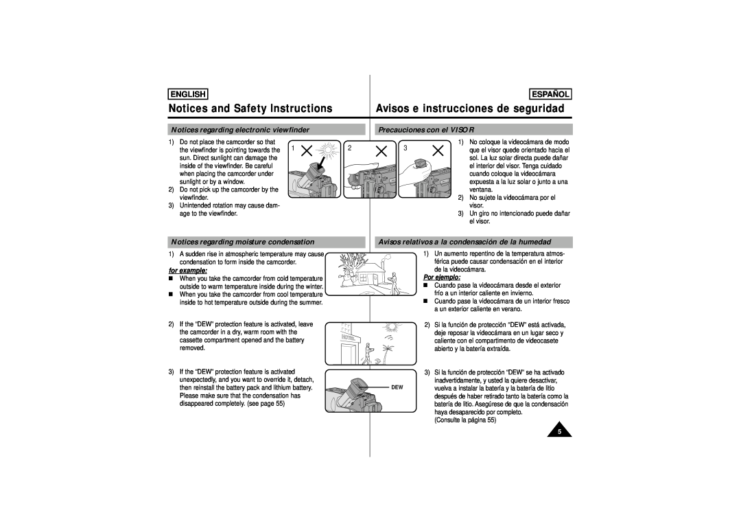 Samsung SCW62 Notices regarding electronic viewfinder, Precauciones con el VISOR, Notices regarding moisture condensation 