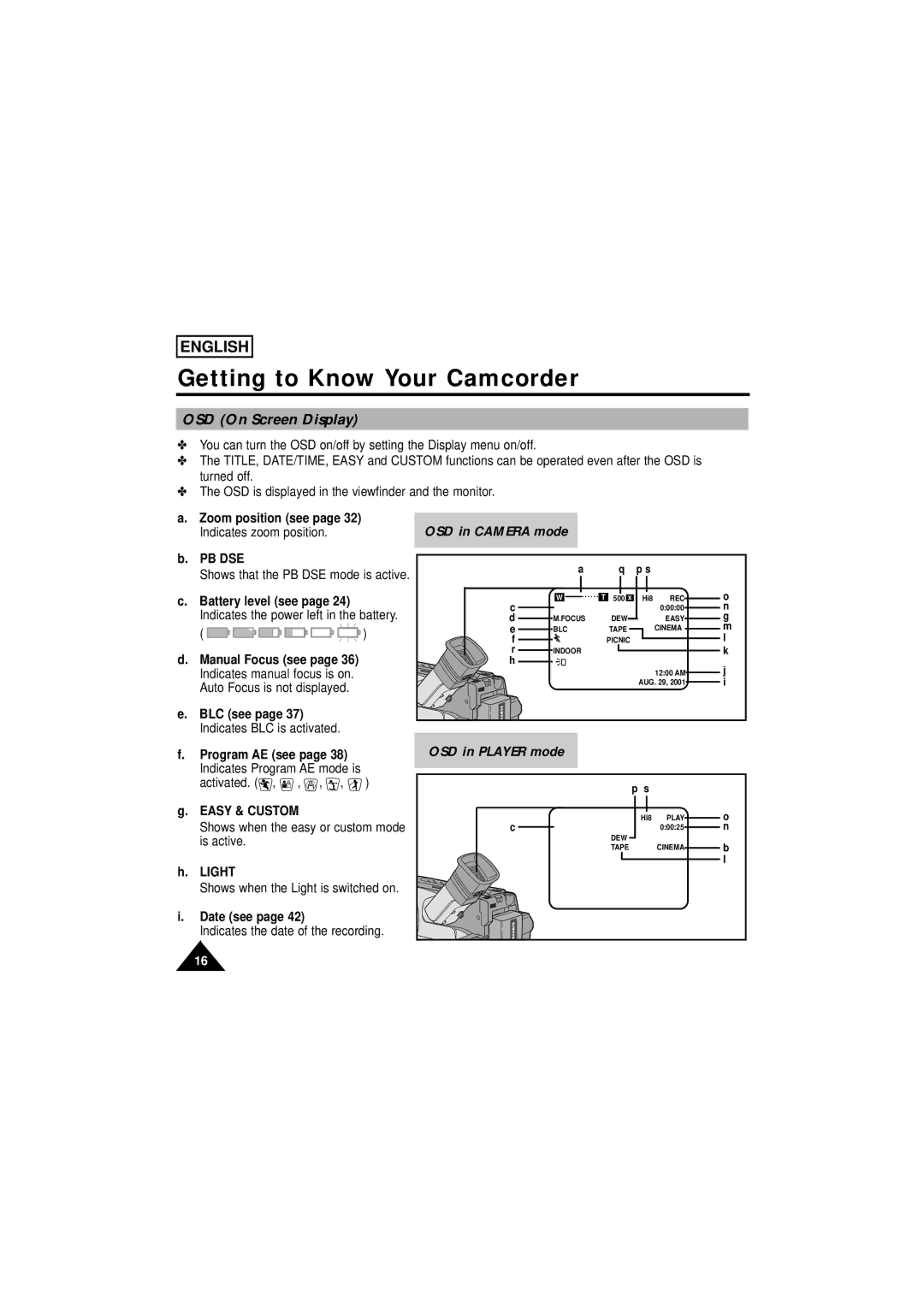 Samsung SCW61/W62 manual OSD On Screen Display, Pb Dse, Light 